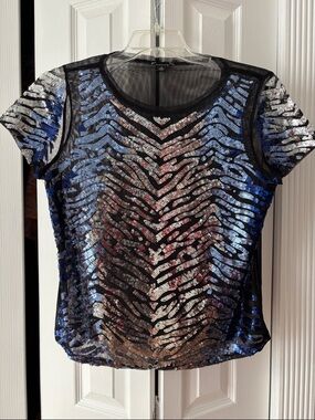 Cache Black Mesh Short-Sleeve Top with Blue and Silver Sequin Zebra Print